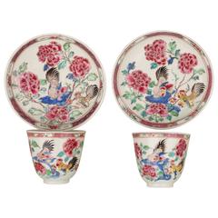 Pair of Chinese Porcelain Tea Bowls and Saucers, with Two Cockrels, 18th Century