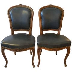 Pair of French Slate Blue Leather Side Chairs