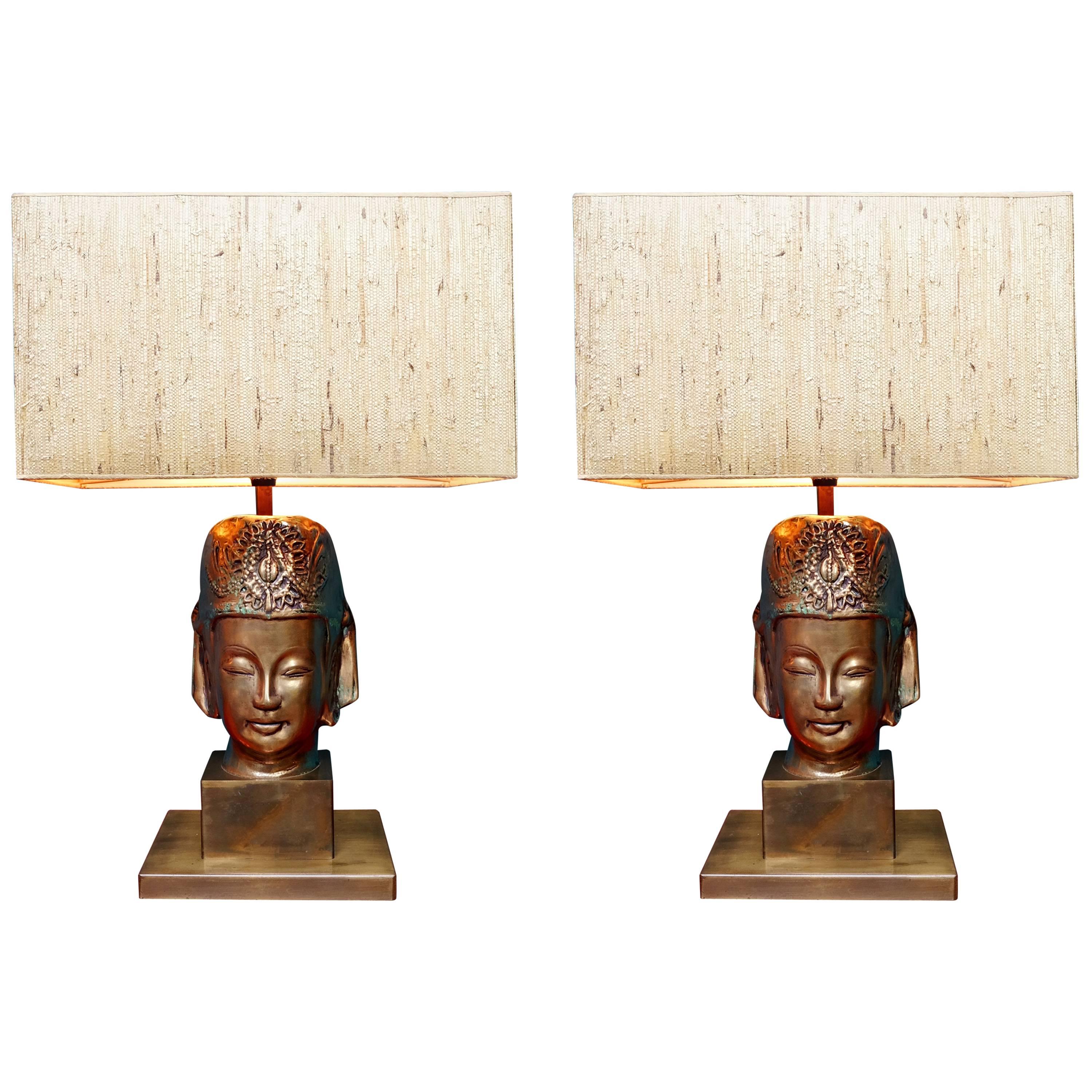 Pair of 1970s Gold-Plated Porcelain Orientalist Lamps For Sale