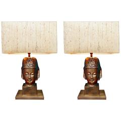 Pair of 1970s Gold-Plated Porcelain Orientalist Lamps