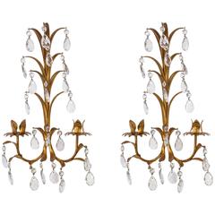 Italian Florentine Gilt Metal Sconces with Prisms