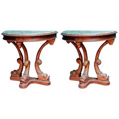 Antique Pair of 1920s Stylized Dolphin Demilune Console Tables