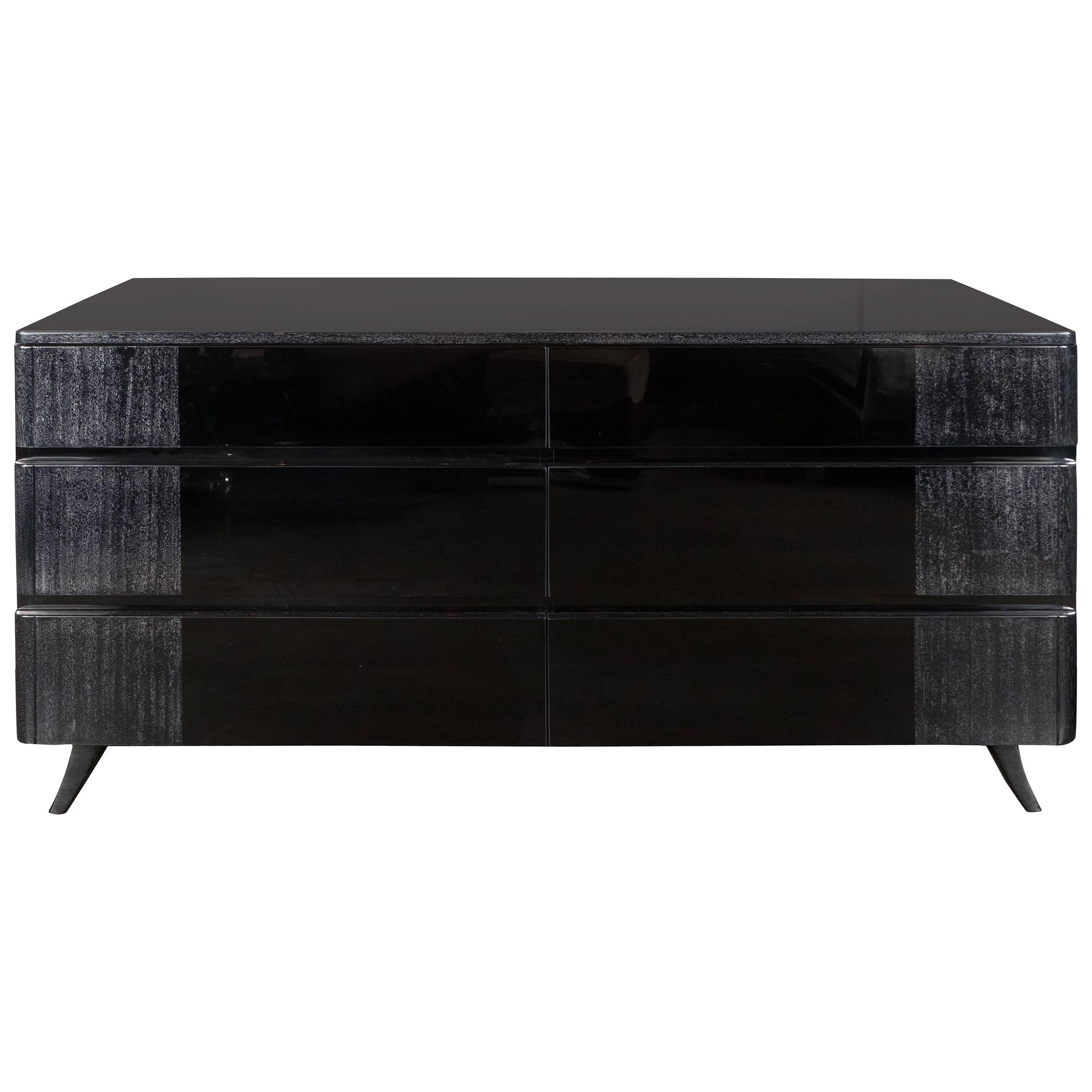 1940s Six-Drawer Low Chest by R-Way Furniture in Silver Cerused Mahogany