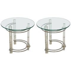 Vintage Pair of Round Chrome and Glass Charles Hollis Jones End Tables, USA, 1970s