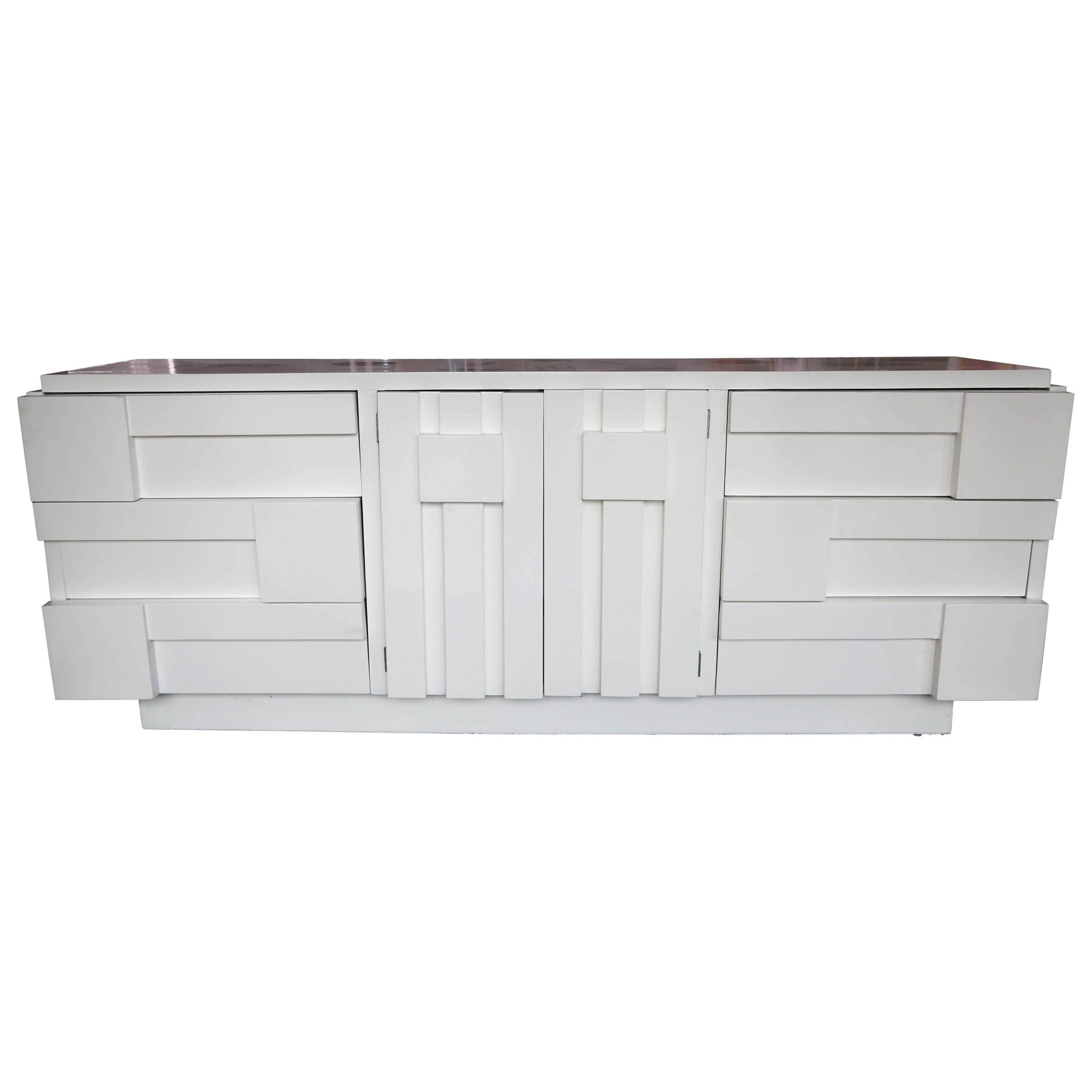 White Lacquer Milo Baughman for Lane Brutalist Dresser/Credenza, 1970s, USA