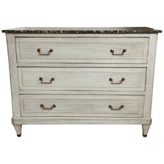 Gray Painted Commode with Ribbed Drawers and Marble Top, Belgium, circa 1850