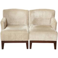 Pair of Modern Single Arm Wood and Upholstered Beige Chenille Chairs, Belgium