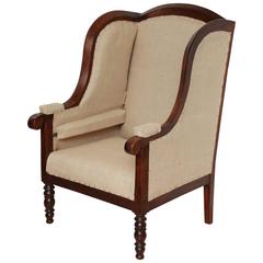Antique Early 19th Century French Walnut Upholstered Wing Chair
