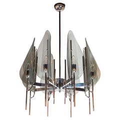 Eight-Arm Smoked Glass and Chrome Chandelier in the Manner of Fontana Arte