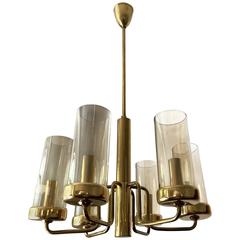 Brass Chandelier with Six Cylindrical Glass Globes, 1960s 5