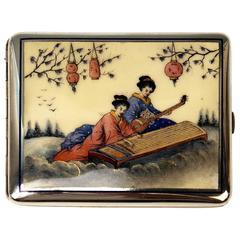 Austrian Silver Cigarette Box Enamel Painting, Chinese Musicians circa 1910