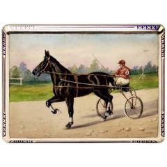 Austrian Silver Cigarette Box Enamel Painting Vintage Sulky Driver, circa 1925