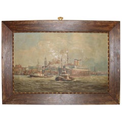 Signed 19th Century Oil on Canvas Boats in a Harbor