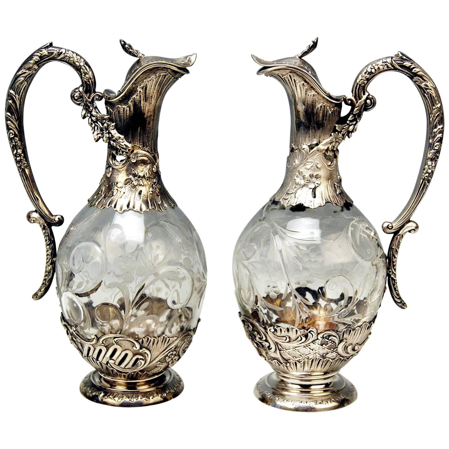 Silver French Pair of Gorgeous Glass Decanters, Paris H. Lapeyre, circa 1900
