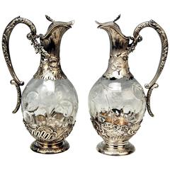 Antique Silver French Pair of Gorgeous Glass Decanters, Paris H. Lapeyre, circa 1900