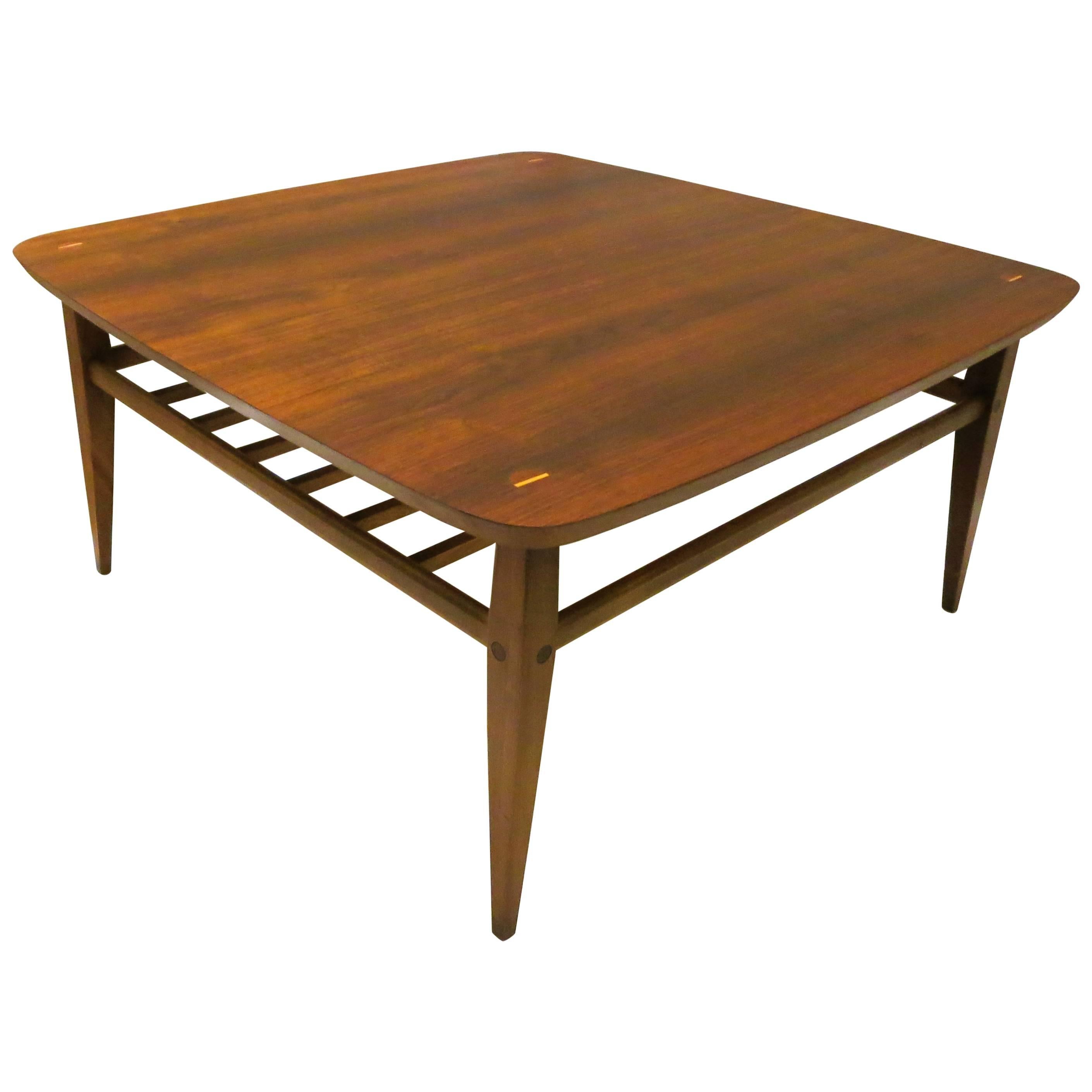 American Mid-Century Walnut Square Coffee or Cocktail Table with Magazine Rack