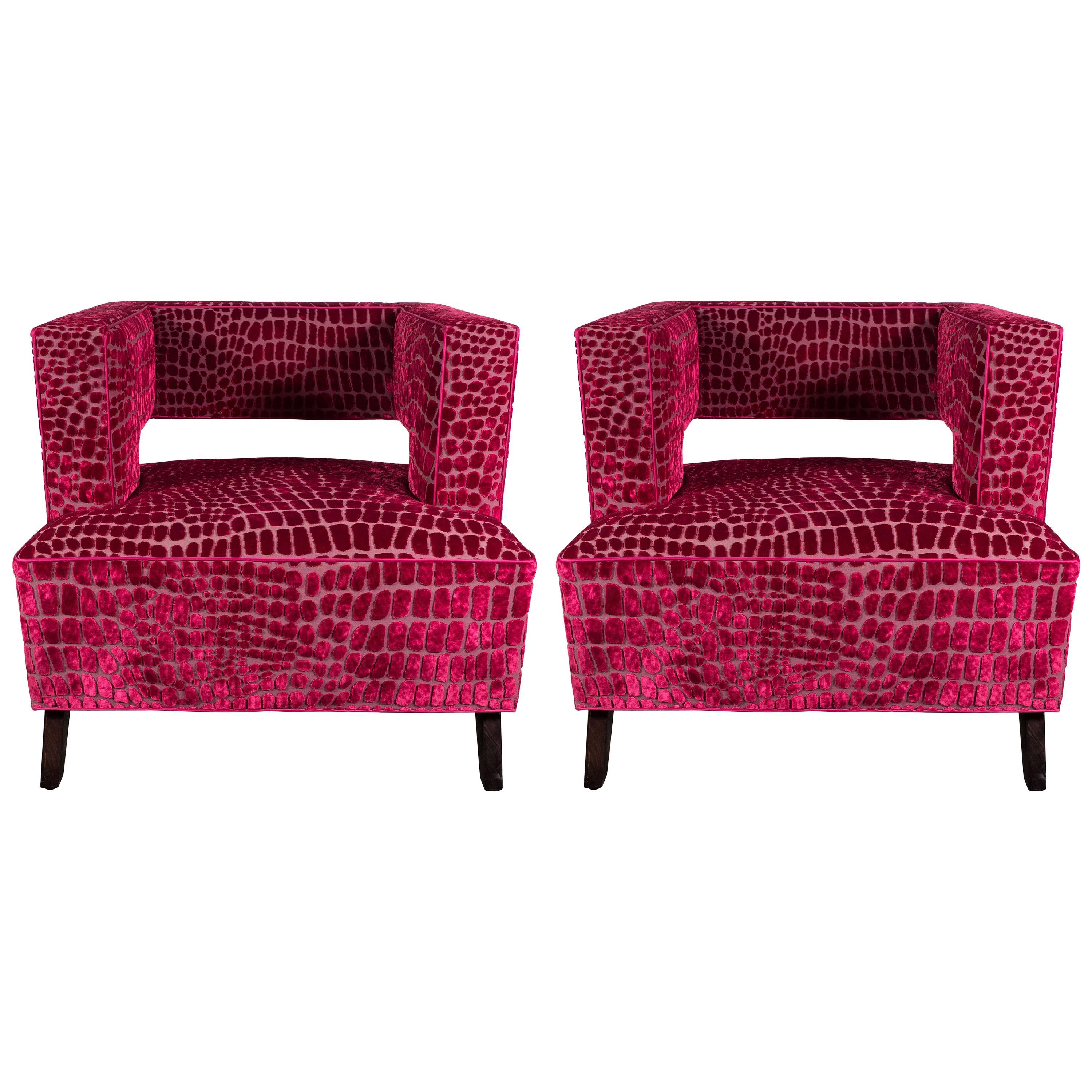 Pair of Mid-Century Modernist Club Chairs are Fuchsia Croc Gauffraged Velvet