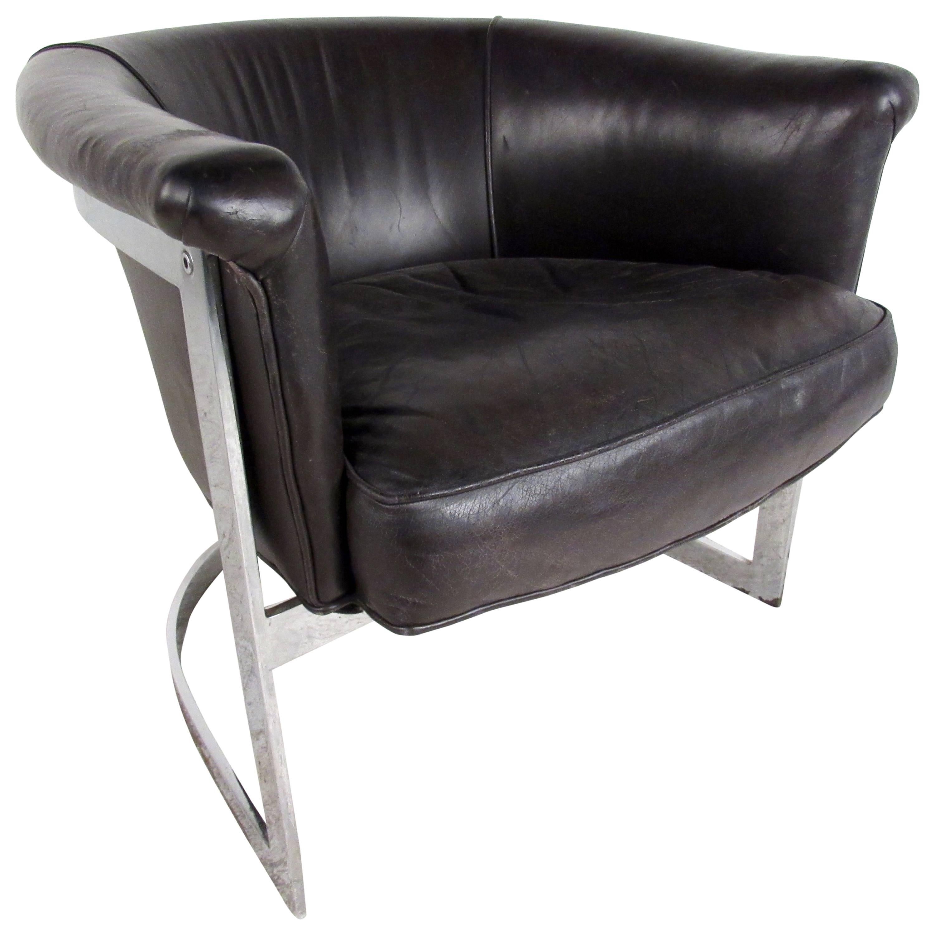 Vintage Modern Cantilever Leather Barrel Chair in the Manner of Milo Baughman