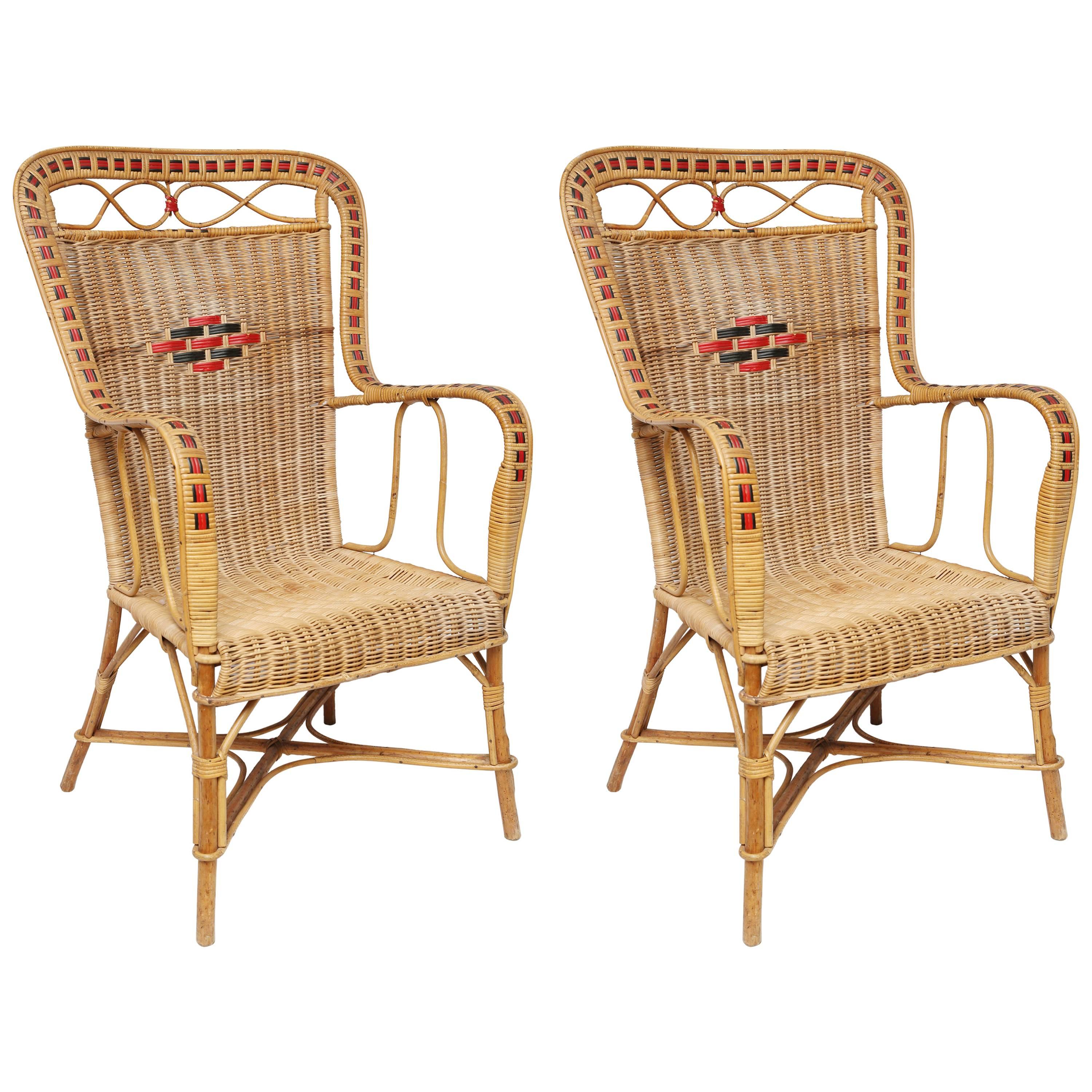 Pair of French Vintage Provence Rattan and Cane Armchairs