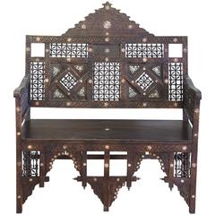19th Century Syrian Carved Inlaid Bench