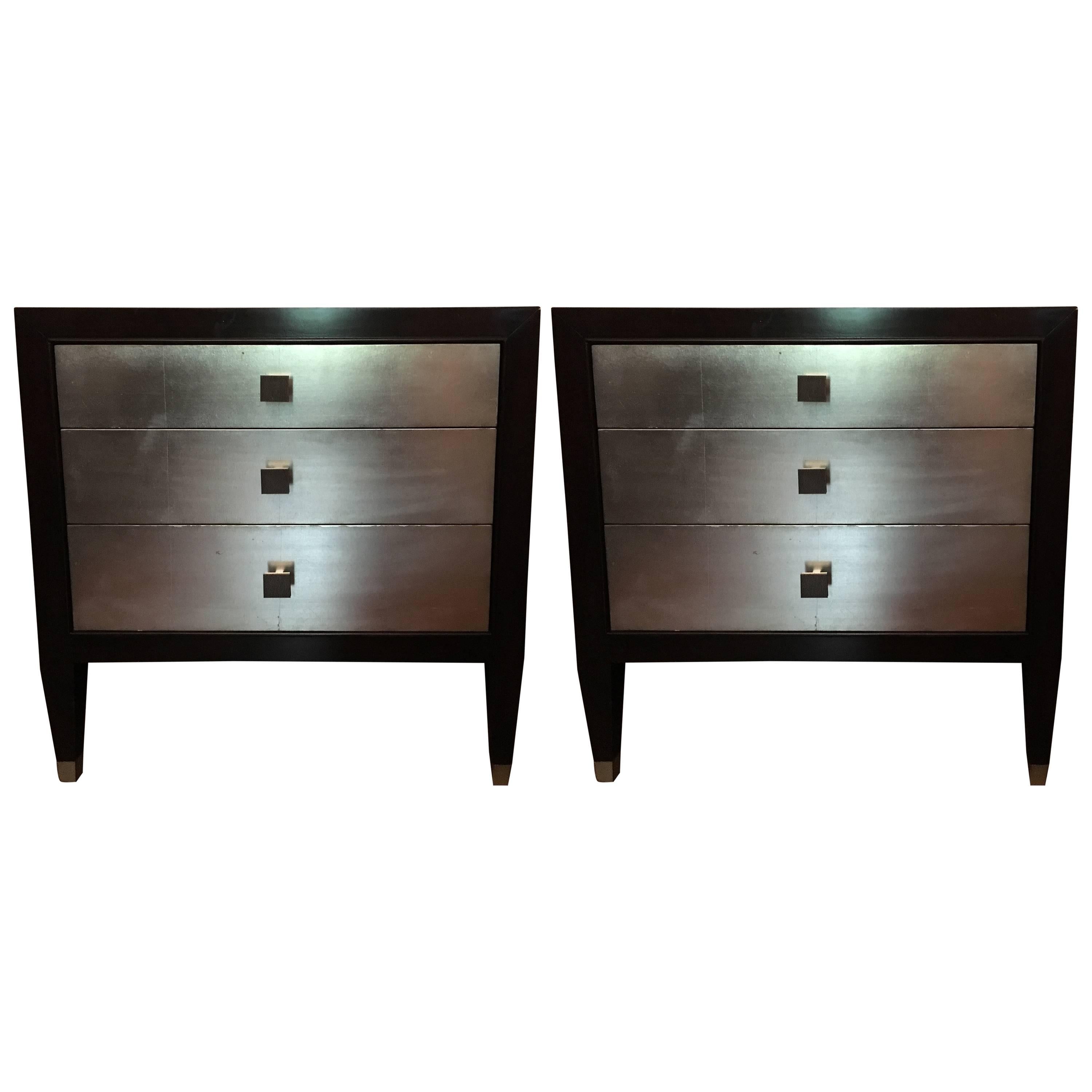 Chic Pair of Ebonized and Silver Leaf Nightstands or Side Tables