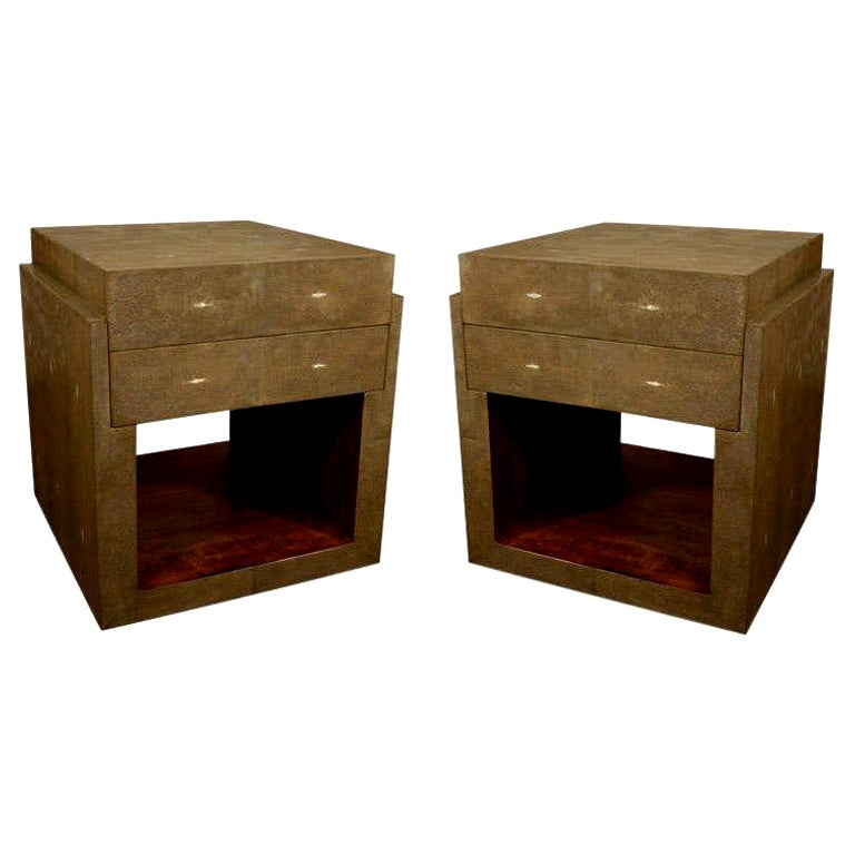Shagreen Side Tables, Nightstands, Khaki Color, Two Drawers, Contemporary Design