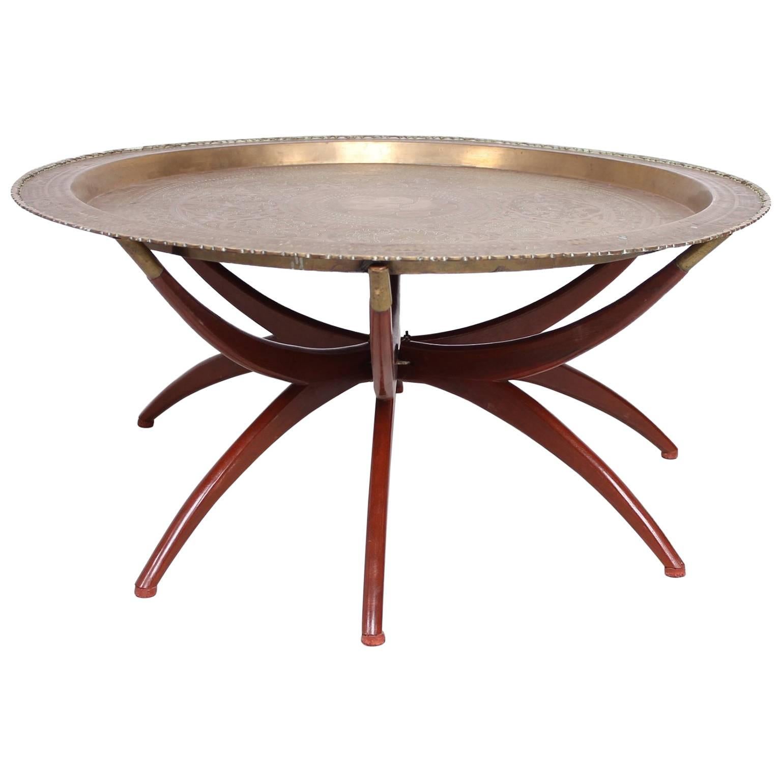 Moroccan Brass Tray Table on Folding Stand, 1960s, Mid-Century