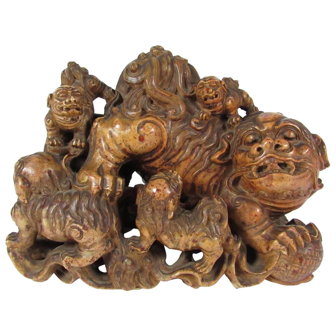 Large Antique 19th Century Chinese Soapstone Carving of a Foo Lion