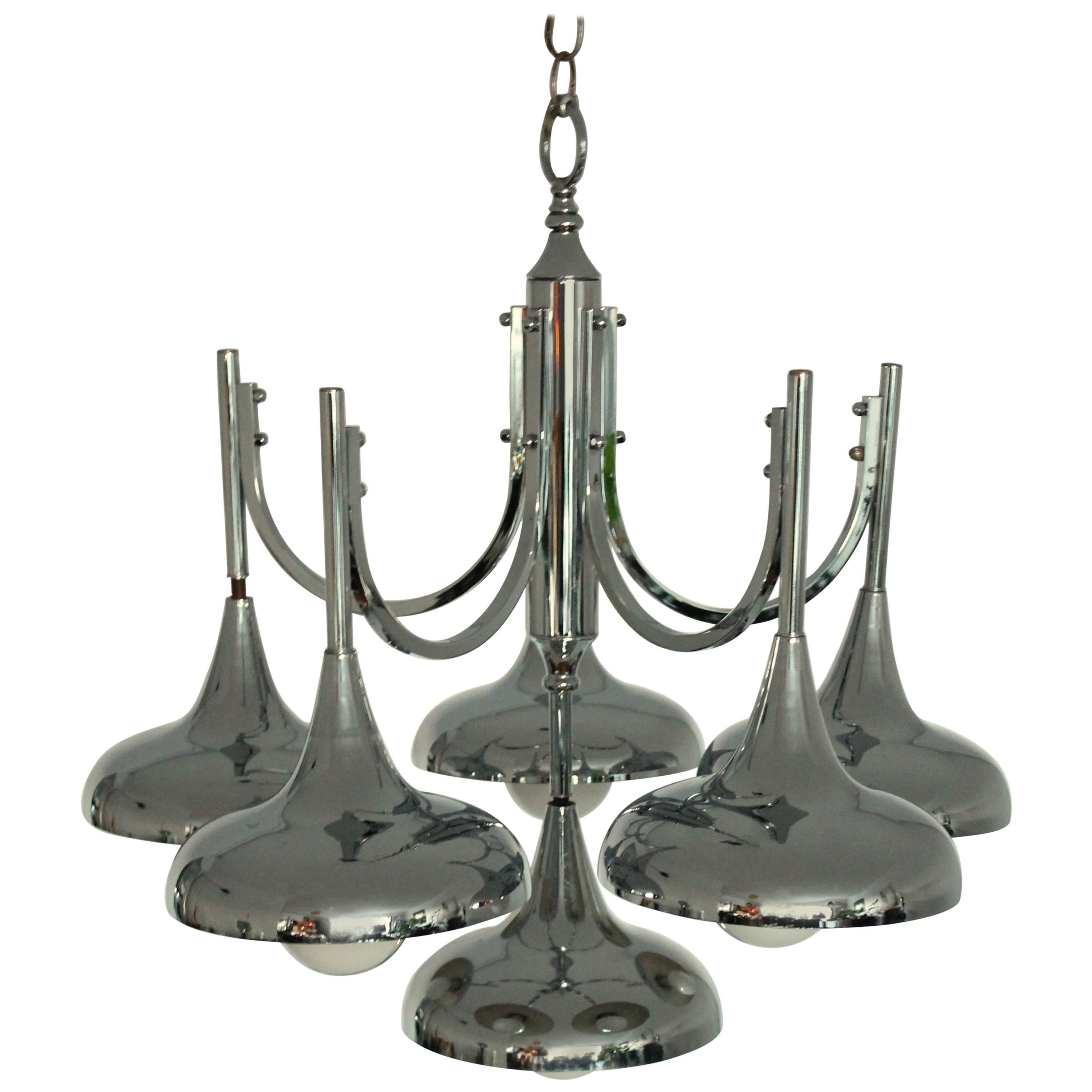 Six Arms Chromed Trumpet Chandelier in the Style of Reggiani/Sciolari, 1970s For Sale