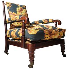 Antique Sublime Late Regency Period Faux Bamboo Upholstered Open Armchair, circa 1820