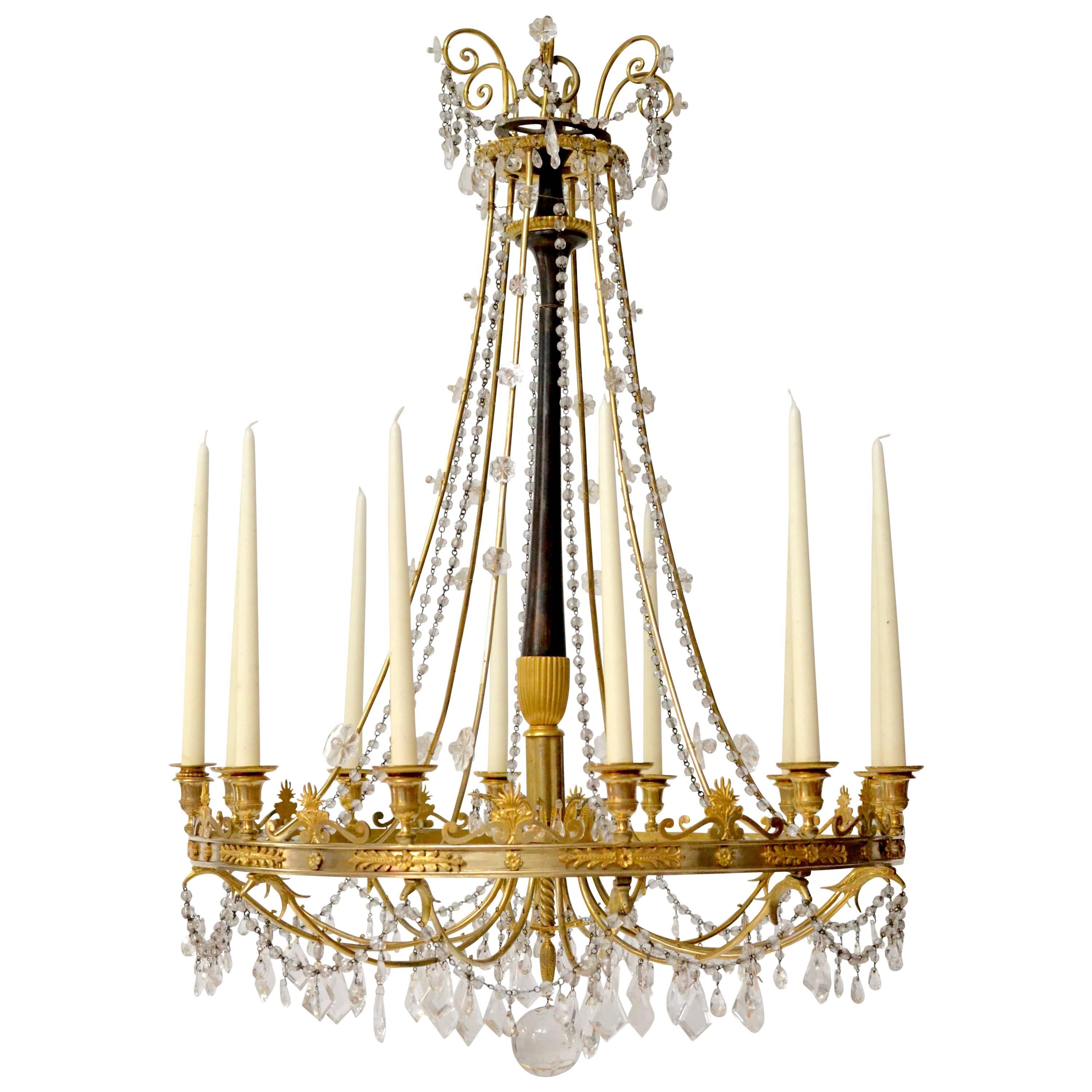 French Early 19th Century Gilt and Patinated Bronze Chandelier with Crystals
