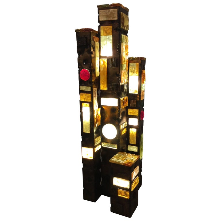 Abstract Patinated Metal And Glass Floor Lamp In The Style Of
