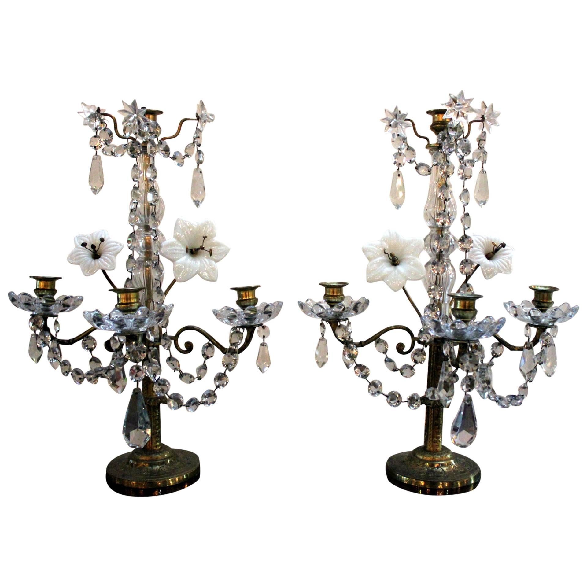 Pair of French Crystal and Opaline Girandoles