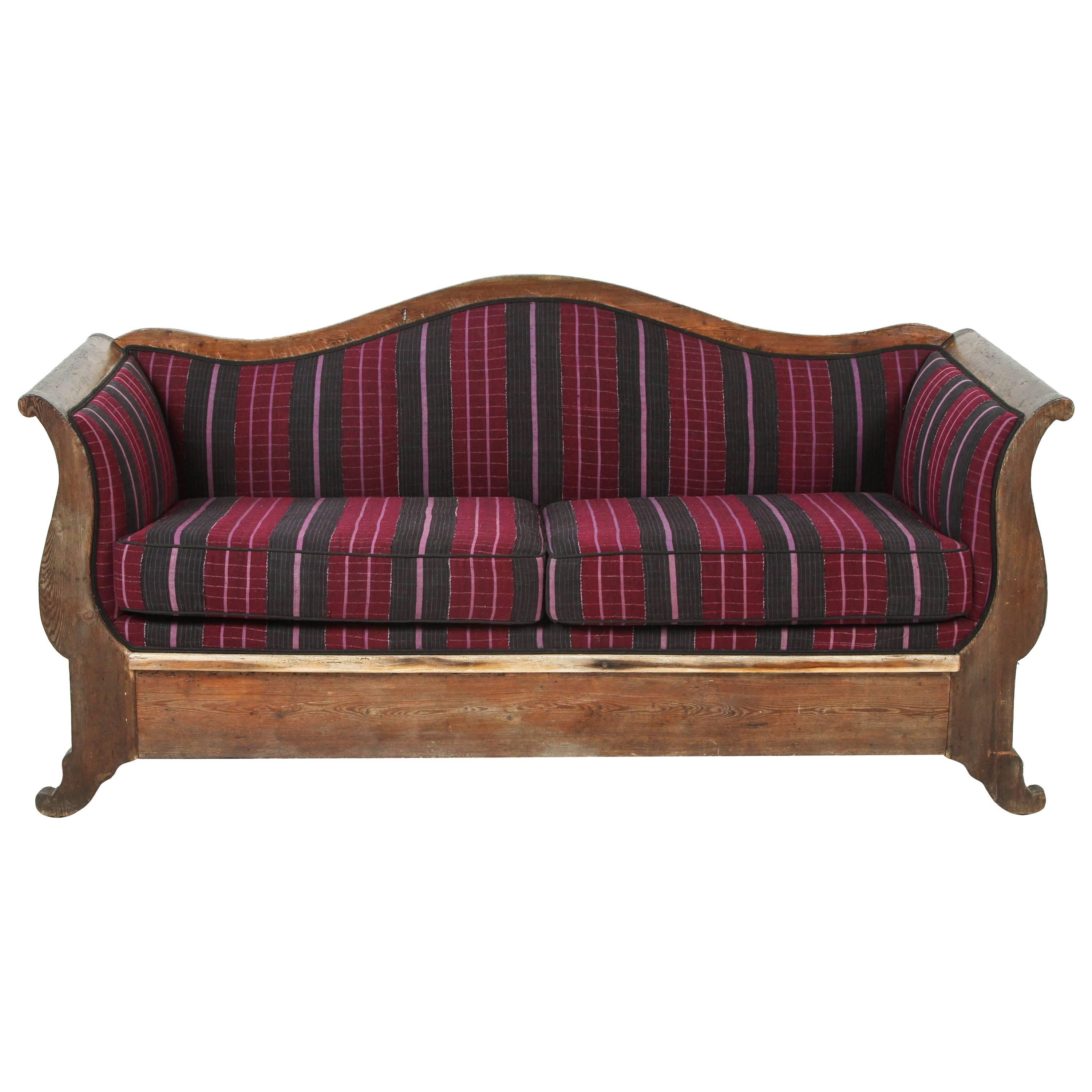 Vintage Wood Framed Camelback Settee Upholstered in Violet Pink and Black Stripe