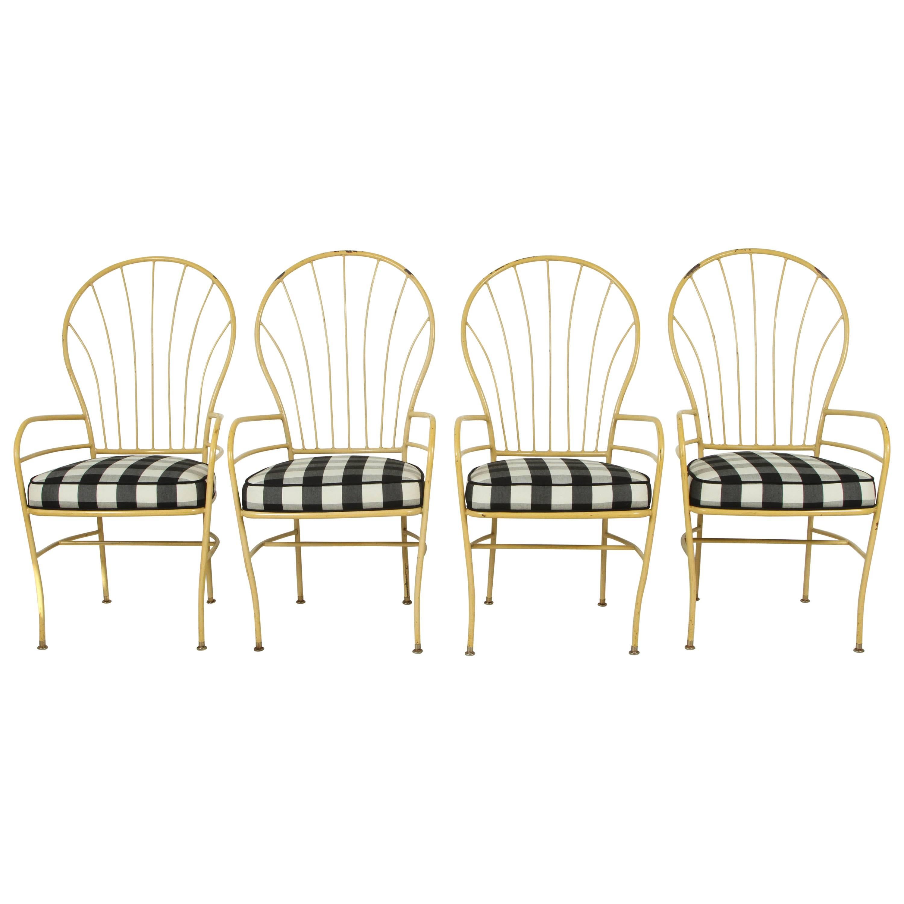 Set of Four Yellow Metal Outdoor Chairs in Black and White Check Fabric