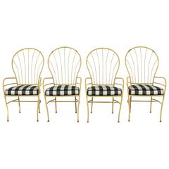 Set of Four Yellow Metal Outdoor Chairs in Black and White Check Fabric
