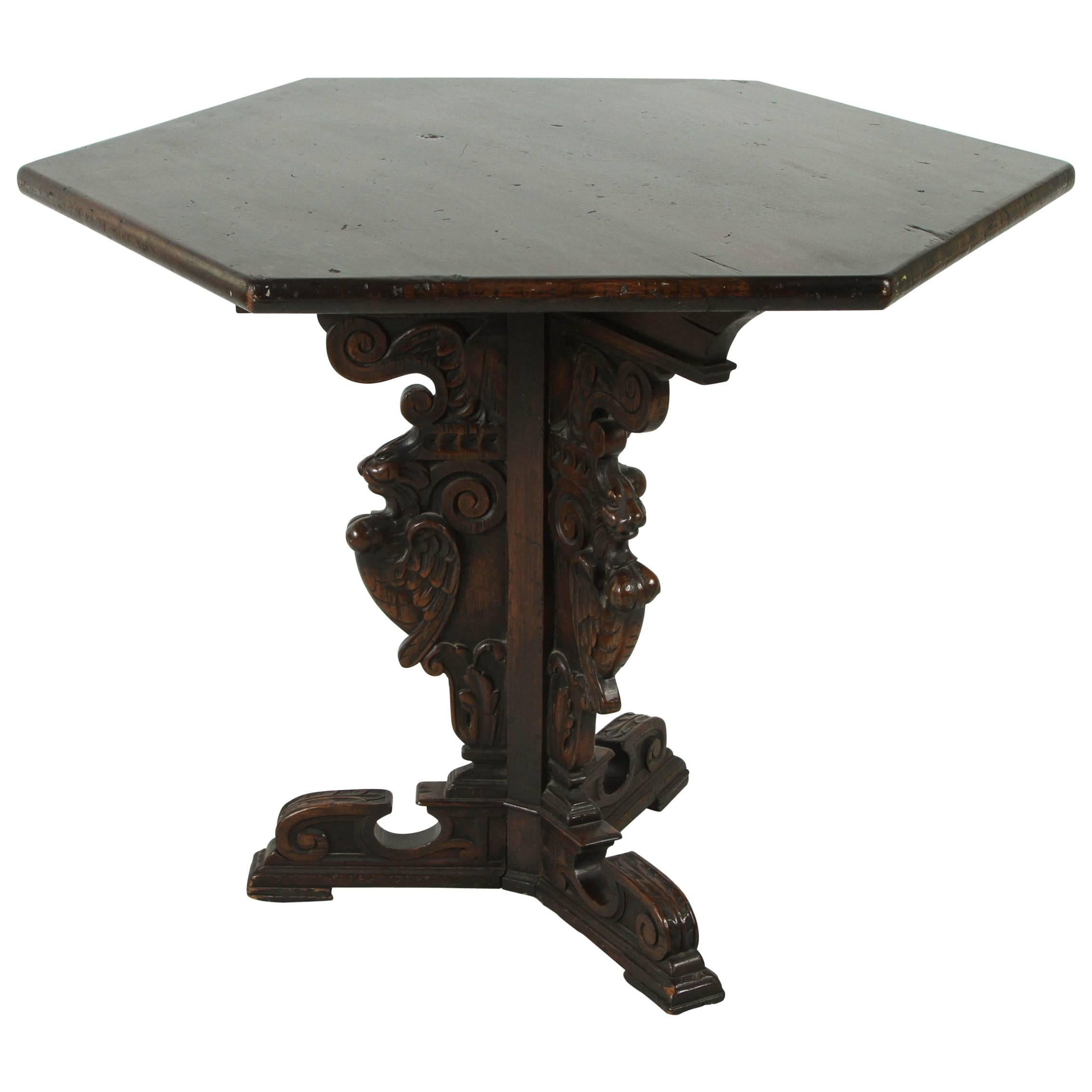 Spanish Pedestal Hexagonal Table with Ornate Details