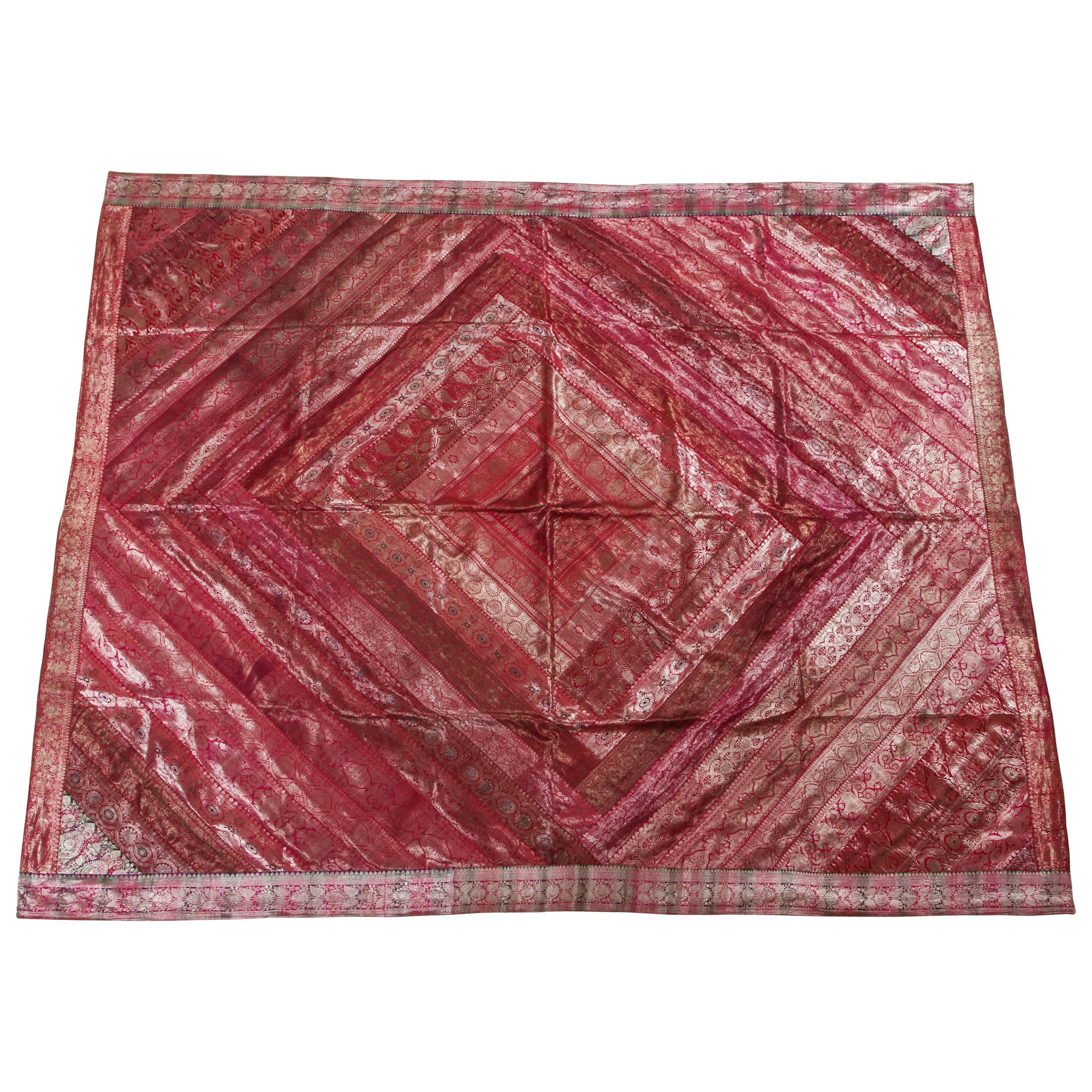 Moorish Silk Sari Tapestry Quilt Patchwork Bedcover Fuchsia Color