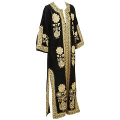 Vintage Moroccan Caftan, Black Kaftan Embroidered with Gold