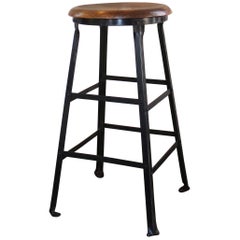 Used Industrial Rustic Wood and Metal Machine Shop Factory Bar Stool