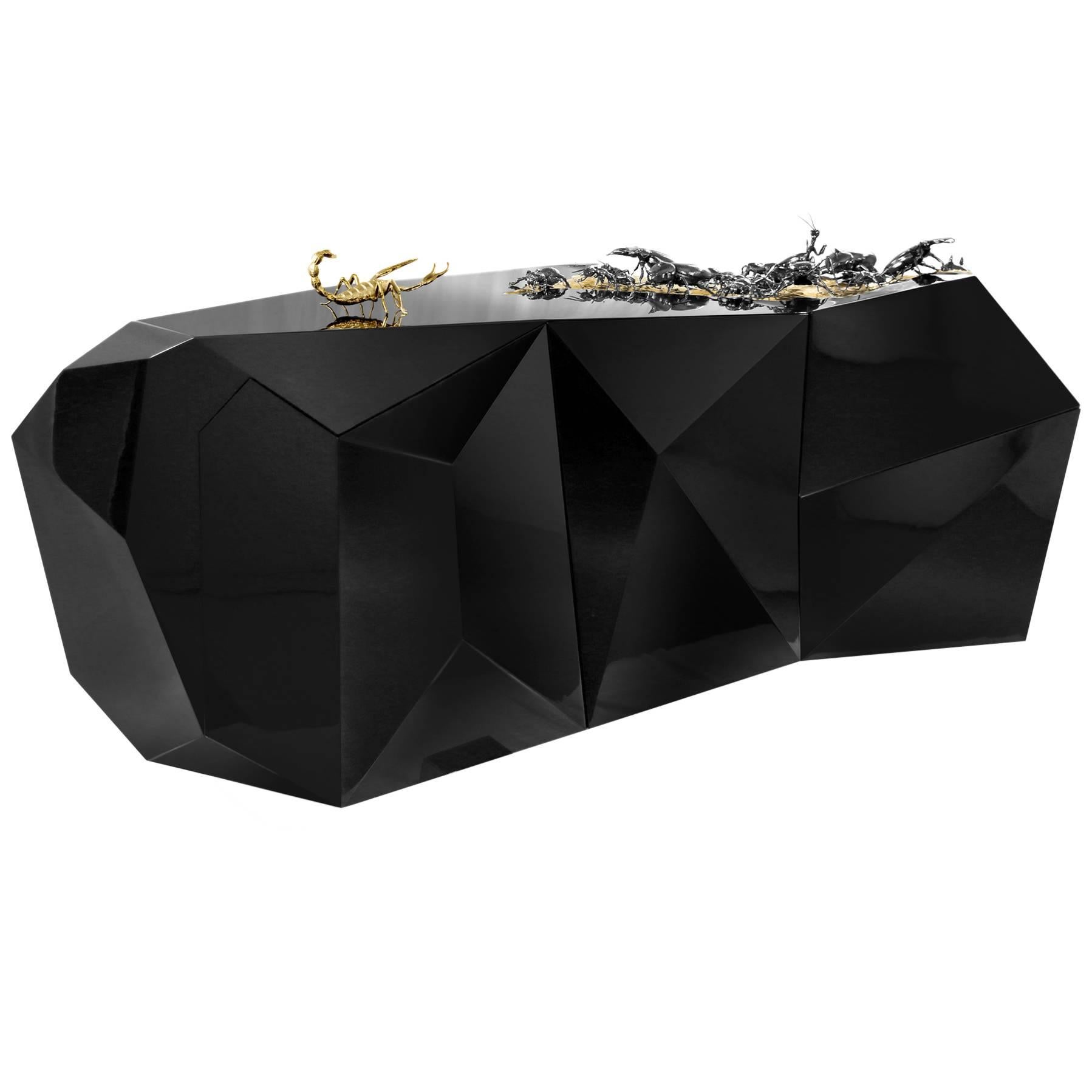 Scorpio Sideboard in Wood Carving Lacquered in Black with Golded Details For Sale