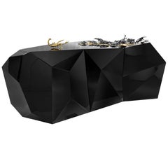 Scorpio Sideboard in Wood Carving Lacquered in Black with Golded Details