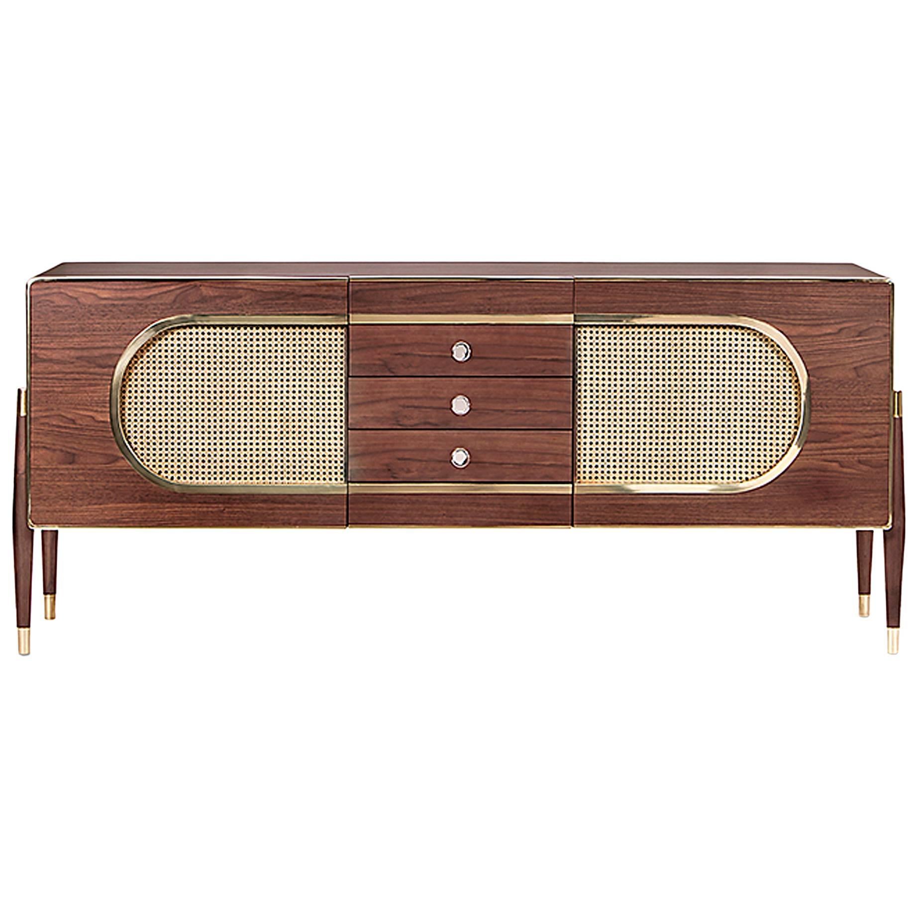 Walnut Straw Sideboard Rare Wood and Golden Brass Details For Sale