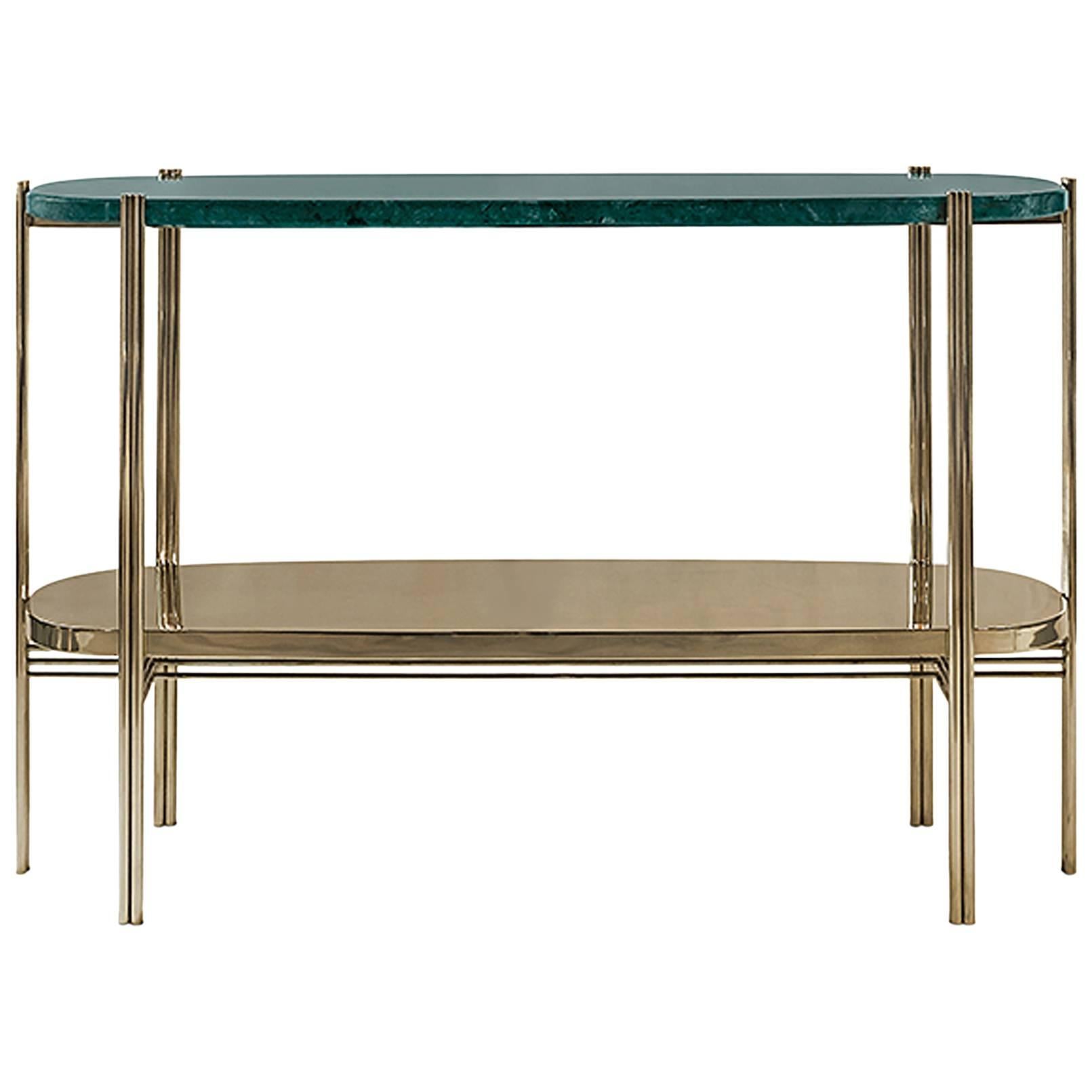 Green Marble Console with Polished Brass Structure For Sale