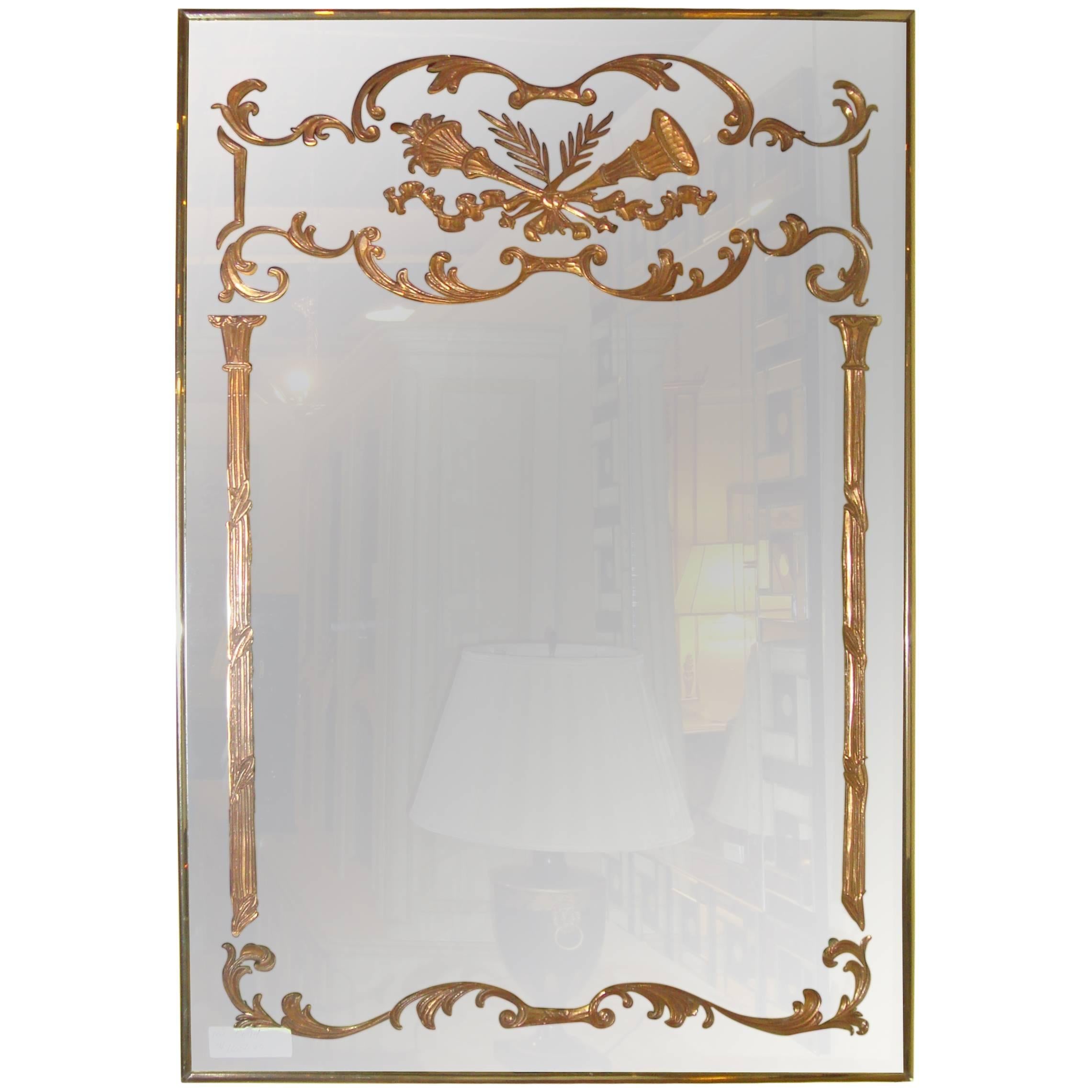 Louis XVI Style Etched Glass Hollywood Regency Fashioned Wall Mirror