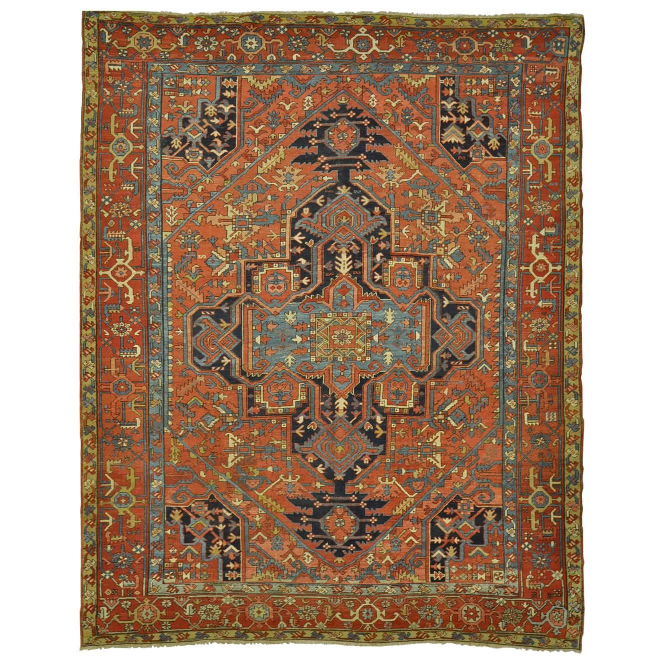 Antique Room Size Hand Knotted Wool Persian Serapi Rug For Sale