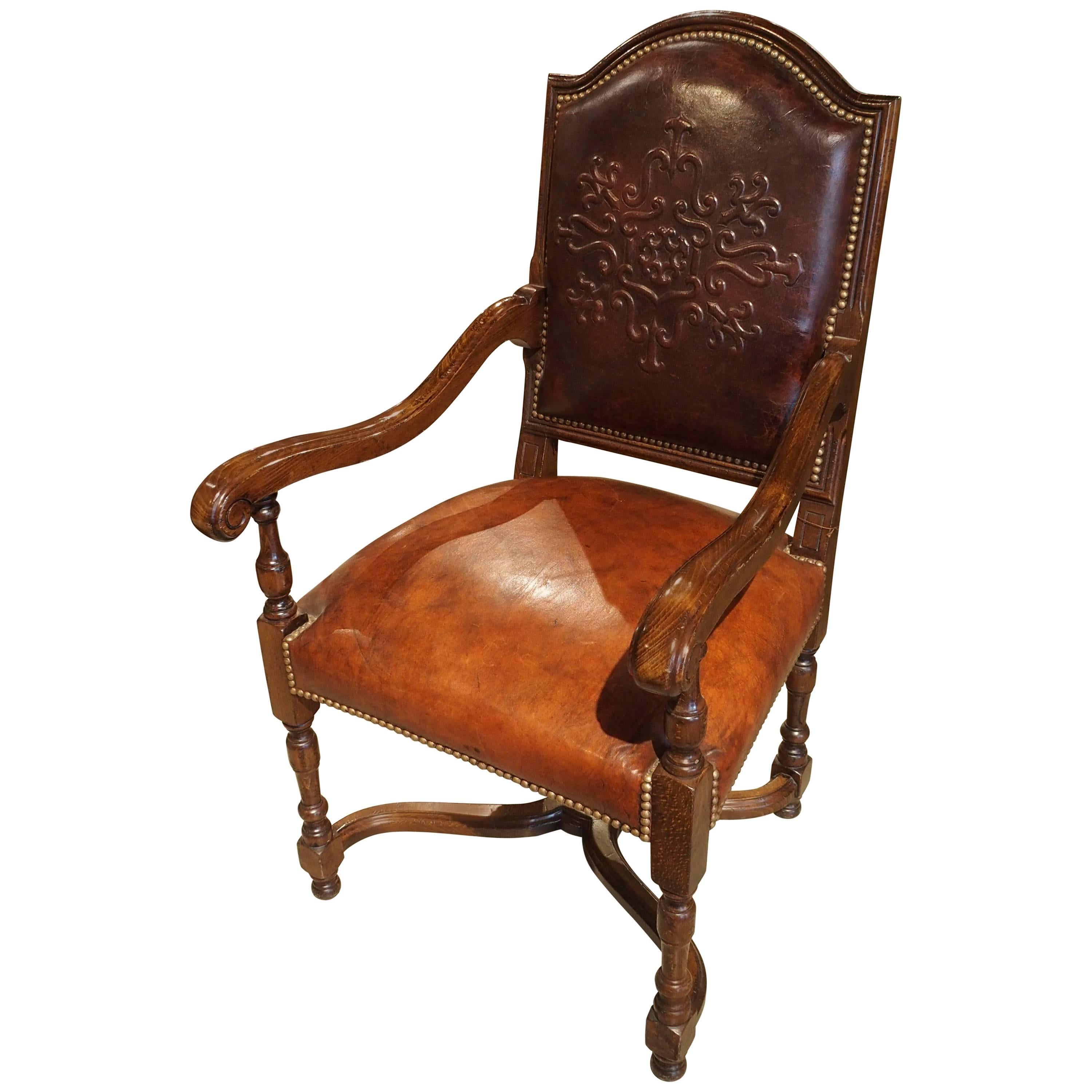 Embossed Leather Walnut Wood Armchair from France
