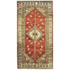 Vintage Hand Knotted Wool Red Color Gallery Size Turkish Rug