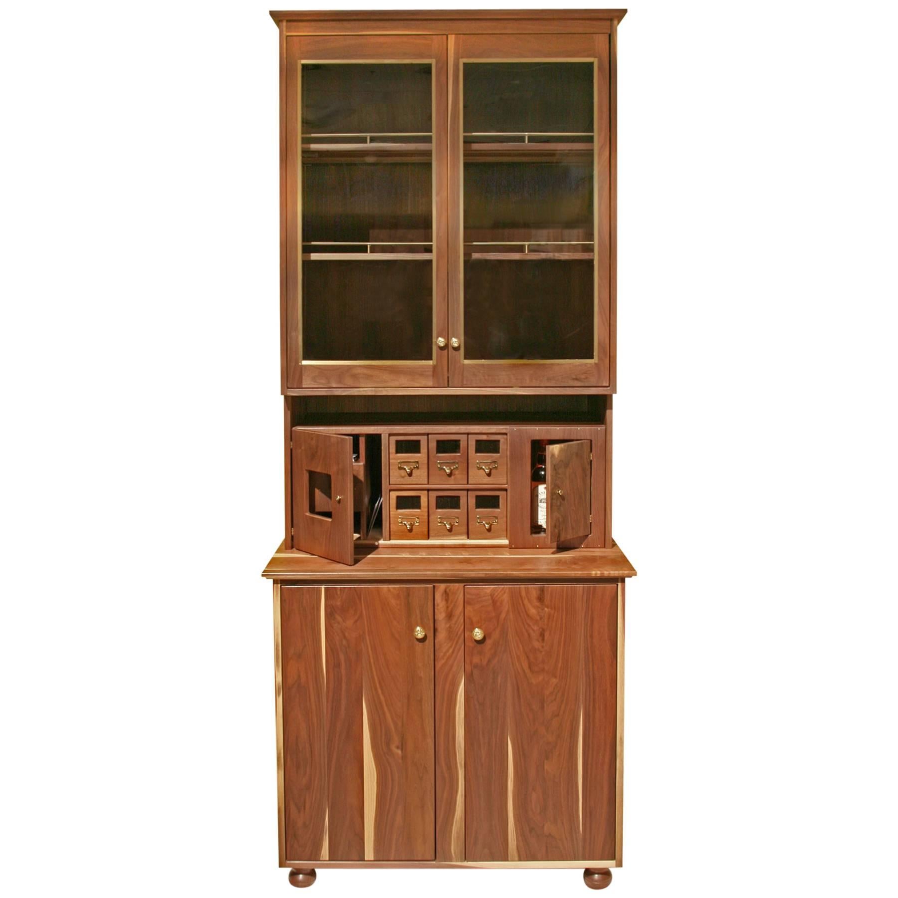 Shimna Tall China Cabinet or Pantry in Walnut and Brass with Hollander Glass For Sale