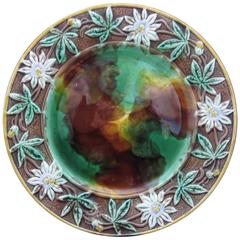 19th Century English Majolica Passion Flower Vine and Brown Rim Cheese Platter